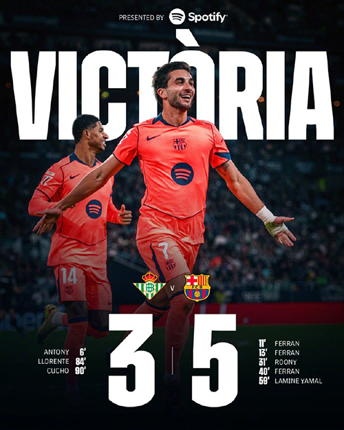 西甲-巴萨5-3贝蒂斯 费兰戴帽 巴萨三人失单刀